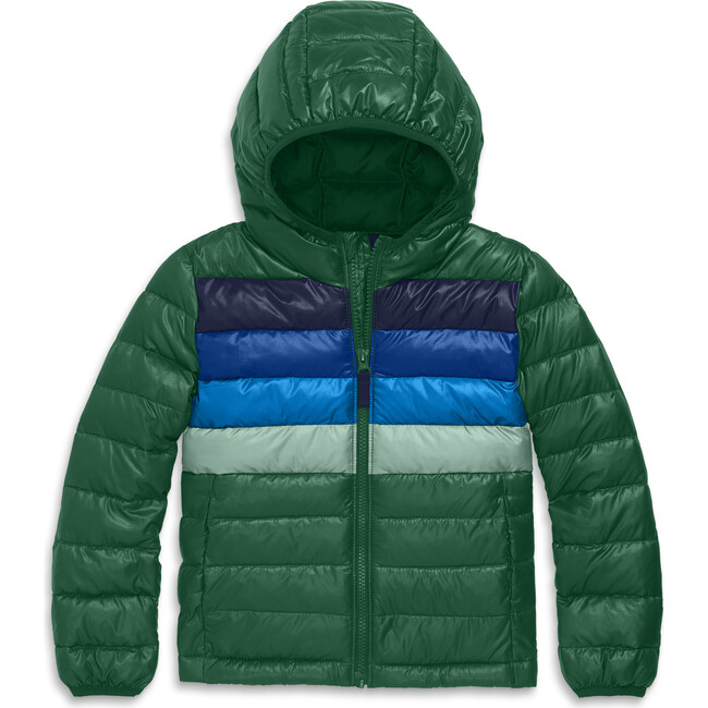 Kids Puffer Jacket In Rainbow Stripe, Evergreen Placed Stripe