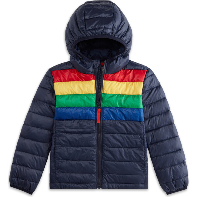 Kids Puffer Jacket In Rainbow Stripe, Navy Bold Rainbow