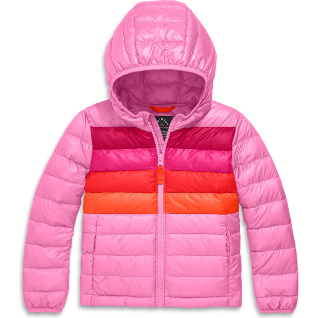 Kids Puffer Jacket In Rainbow Stripe, Peony Placed Stripe