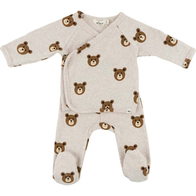 Teddy Bear Face Print Kimono Footie Set, Malt