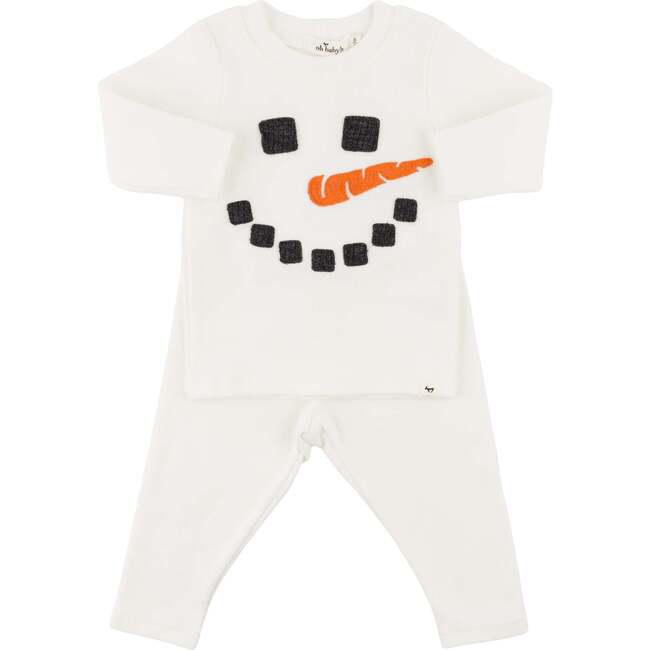 Snowman Face Applique L/S 2pc Set, Cream