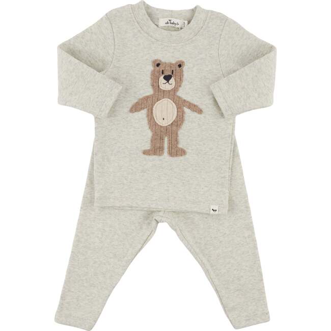 Shaggy Bear Applique L/S 2pc Set, Oatmeal Heather