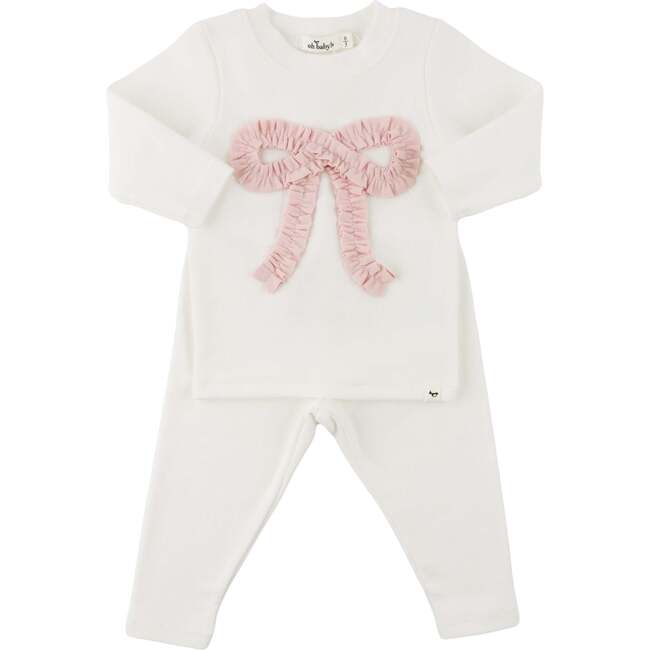 Ruffle Knit Baby Pink Bow Appl L/S 2pc Set, Cream