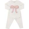 Ruffle Knit Baby Pink Bow Appl L/S 2pc Set, Cream - Mixed Apparel Set - 1 - thumbnail