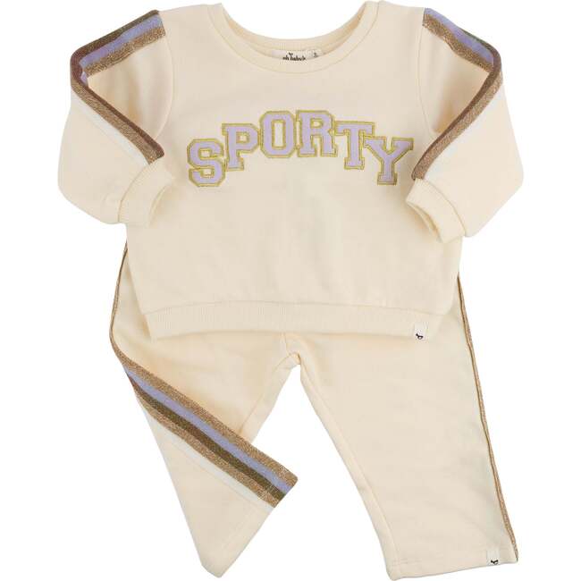 SPORTY Appl Striped Sleeve Boxy w/Striped Jogger, Vanilla