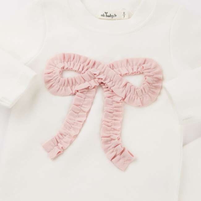 Ruffle Knit Baby Pink Bow Appl L/S 2pc Set, Cream - Mixed Apparel Set - 2