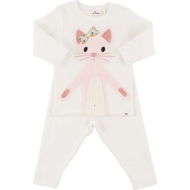 Quilted Kitty Applique L/S 2pc Set, Cream