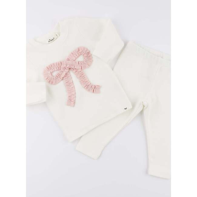 Ruffle Knit Baby Pink Bow Appl L/S 2pc Set, Cream - Mixed Apparel Set - 3