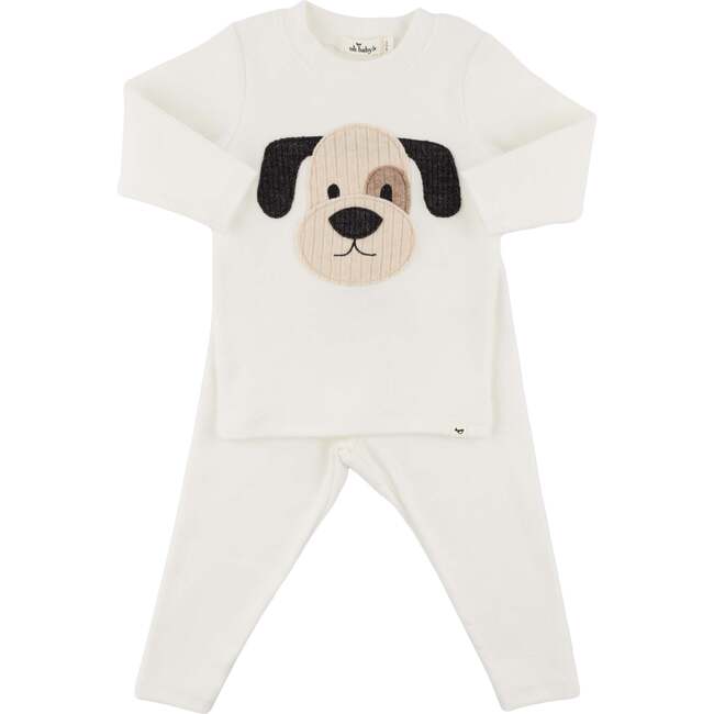 Puppy Face Applique L/S 2pc Set, Cream