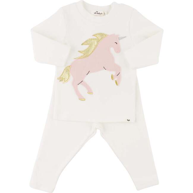 Prancing Unicorn Applique L/S 2pc Set, Cream