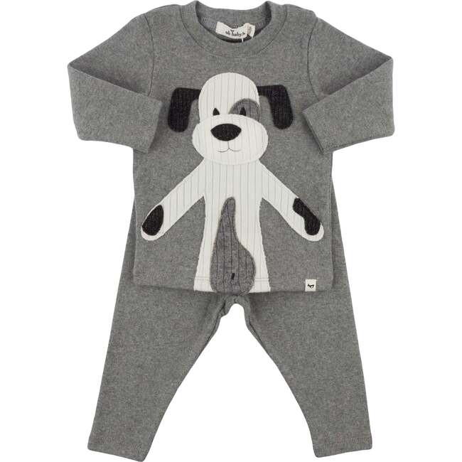 Large Cream Puppy Applique L/S 2pc Set, Coal