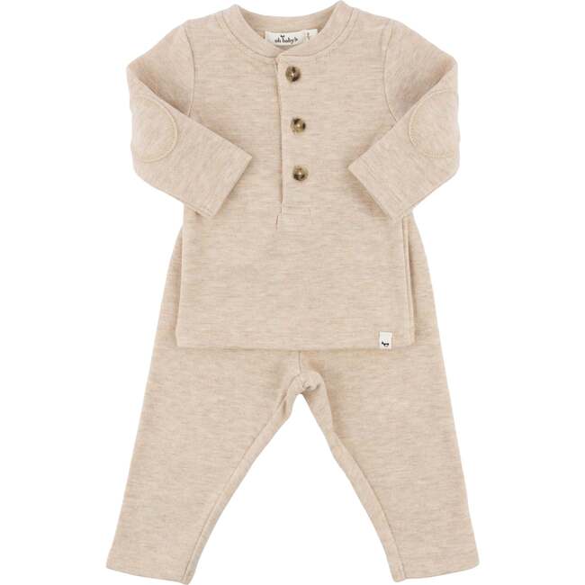 Mini Honeycomb Henley Elbow Patch 2pc Set, Sand