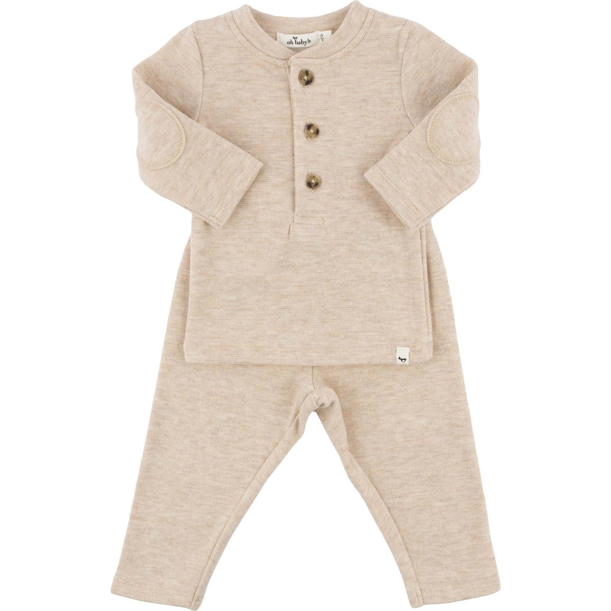 Mini Honeycomb Henley Elbow Patch 2pc Set, Sand - Mixed Apparel Set - 1