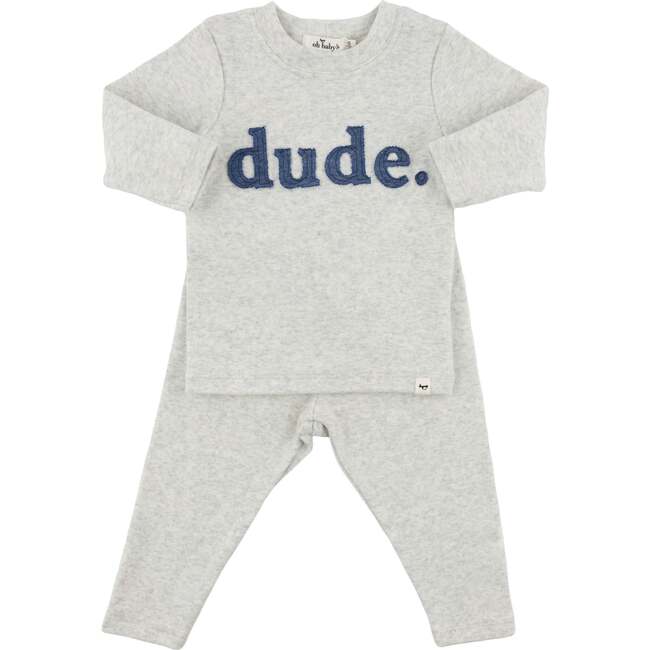 Denim "dude" Ribbed Applique L/S 2pc Set, Heather Gray