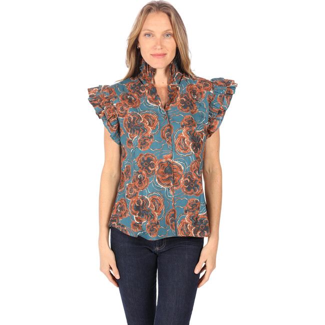 Women's Tina Print High Ruffle Neck Flutter Sleeve Button-Down Top, Terra - Shirts - 1