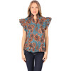 Women's Tina Print High Ruffle Neck Flutter Sleeve Button-Down Top, Terra - Shirts - 1 - thumbnail