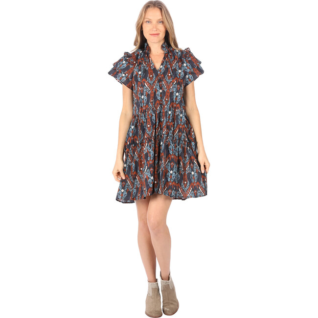 Women's Nadia Print V-Neck Flirty Sleeve Tiered Short Dress, Wedgwood