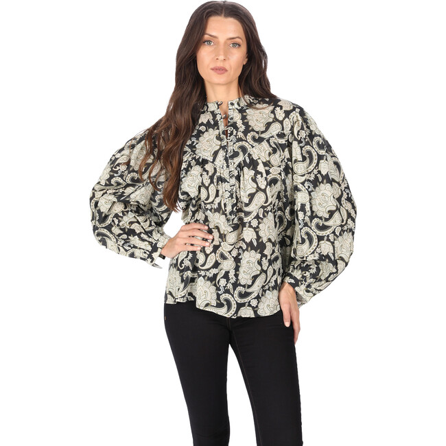 Women's Sam Print Buttoned High Neck Long Puff Sleeve Top, Onyx