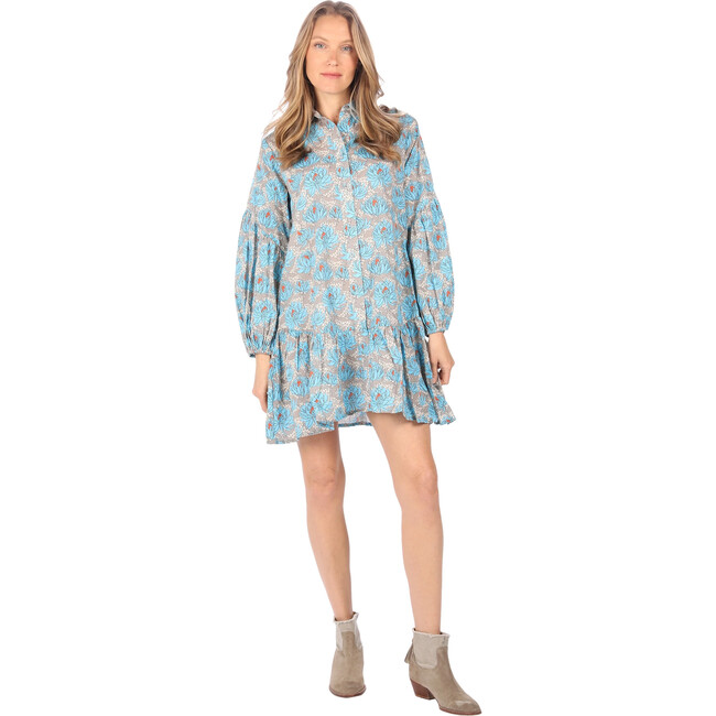 Women's Angela Print Long Sleeve Button-Down Ruffle Hem Dress, Opal Blue