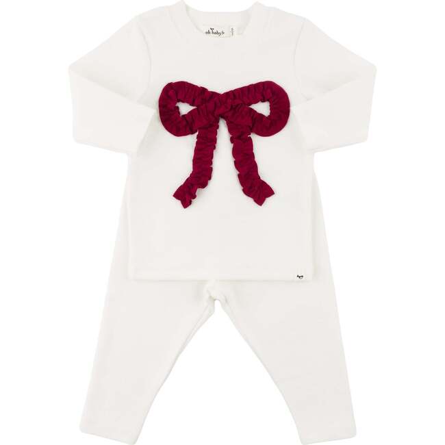 Ruffle Knit Vintage Red Bow Appl L/S 2pc Set, Cream