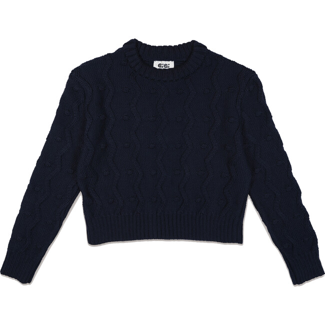 Women's Bubble Mini Pom Poms & Zig Zag Knit Boxy Fit Sweater, Navy