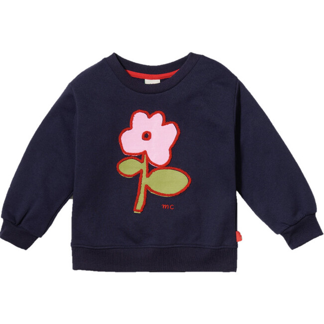 Flower Print Ribbed Neck Drop Shoulder Sweatshirt, Blue