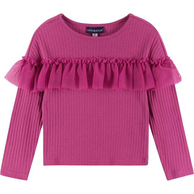 Kids Rib Knit Long Sleeve Ruffle Top, Hot Pink