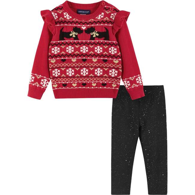 Kids Red Fair Isle Sweater& Glitter Legging Set, Festive Dogs