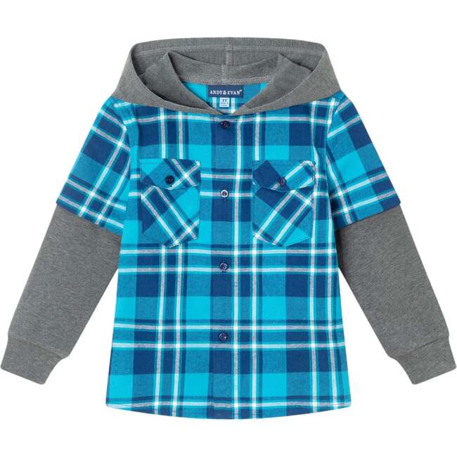 Kids Plaid Flannel Terry Twofer Hoodie, Teal