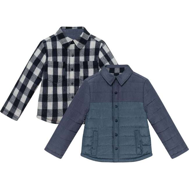 Kids Reversible Flannel Puffer Jacket, Navy & White