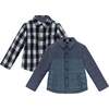 Kids Reversible Flannel Puffer Jacket, Navy & White - Jackets - 1 - thumbnail