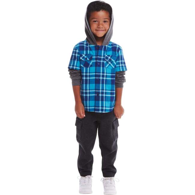 Kids Plaid Flannel Terry Twofer Hoodie, Teal - Jackets - 3