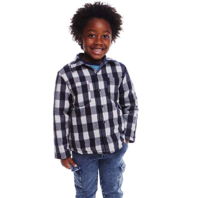 Kids Reversible Flannel Puffer Jacket, Navy & White - Jackets - 3