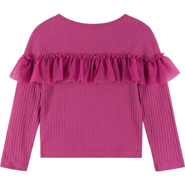 Kids Rib Knit Long Sleeve Ruffle Top, Hot Pink - Blouses - 5