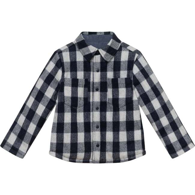 Kids Reversible Flannel Puffer Jacket, Navy & White - Jackets - 4