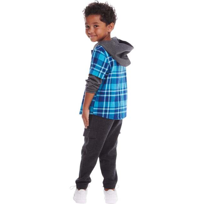 Kids Plaid Flannel Terry Twofer Hoodie, Teal - Jackets - 6