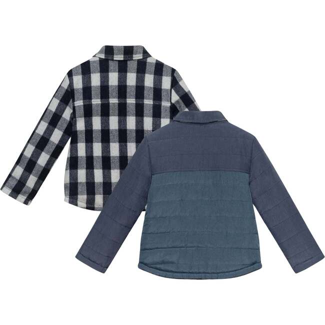 Kids Reversible Flannel Puffer Jacket, Navy & White - Jackets - 6