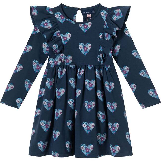 Kids Navy Heather Printed Jersey Dress, Floral Hearts