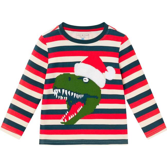 Kids Multicolor Striped Long Sleeve Tee, Holiday Dinosaur