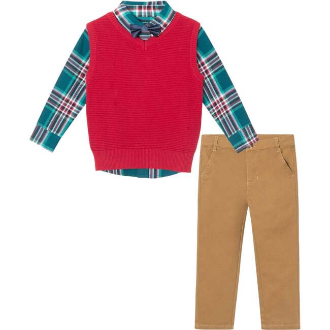 Kids Navy Plaid Buttondown & Sweater Vest Set, Checkered Maroon