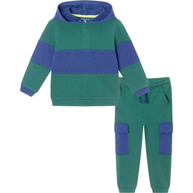 Kids Navy & Green Color Blocked Terry Hoodie & Pant Set