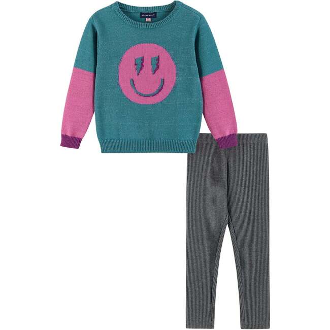 Kids Lurex Sweater & Legging Set, Ombre Smiley Graphic