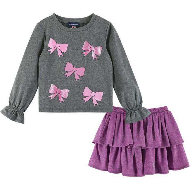 Kids Long Sleeve Bows Graphic Top & Glitter Skirt Set, Grey