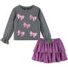 Kids Long Sleeve Bows Graphic Top & Glitter Skirt Set, Grey - Mixed Apparel Set - 1 - thumbnail