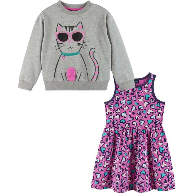 Kids Light Grey Heather Terry Crewneck & Jersey Dress Set, Cool Cat & Leopard Hearts