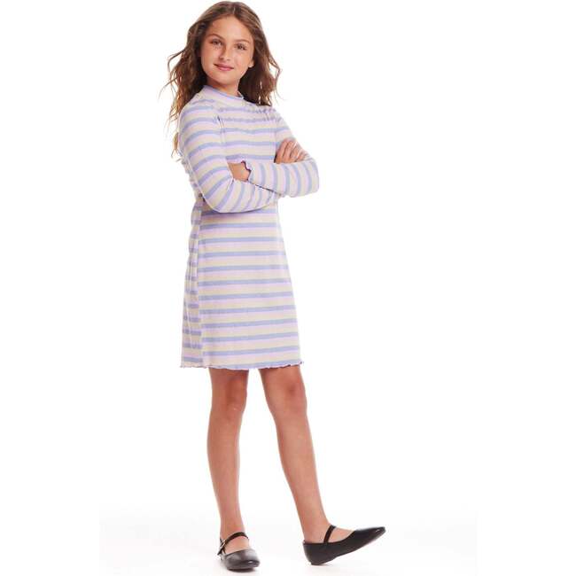 Kids Knit Striped Mock Neck Dress, Mauve Purple - Dresses - 3