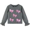 Kids Long Sleeve Bows Graphic Top & Glitter Skirt Set, Grey - Mixed Apparel Set - 6