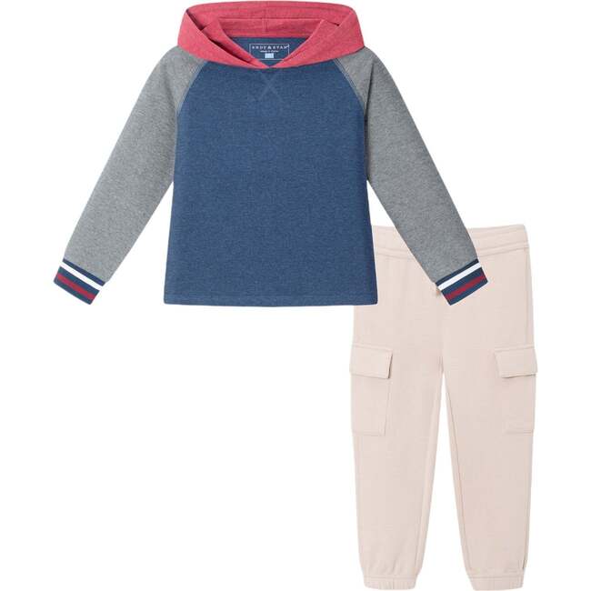 Kids Hooded Colorblocked Jersey Tee & Jogger Set, Red Navy & Heater Grey