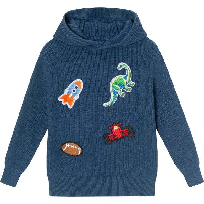 Kids Garment Washed Patches Hooded Sweater, Blue