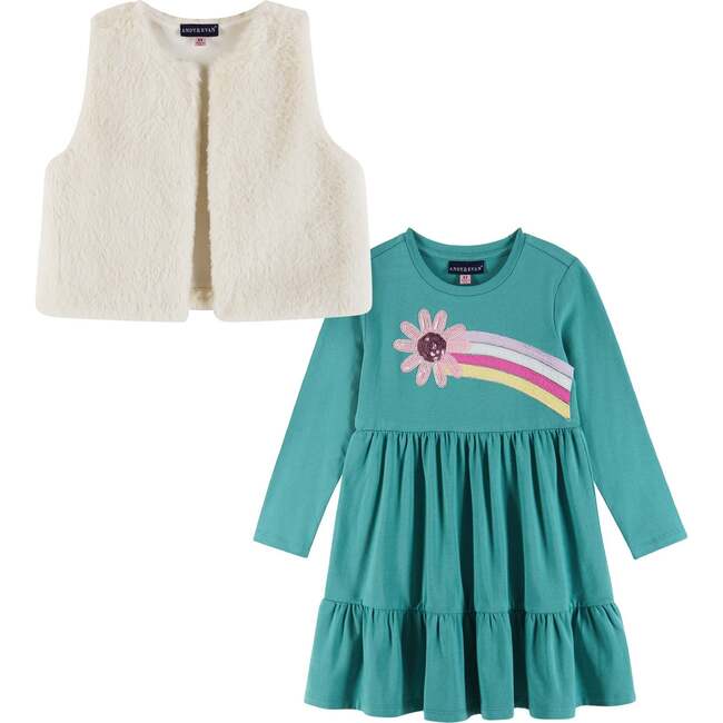 Kids Teal Jersey Dress & Faux Fur Vest Set, Rainbow Graphic